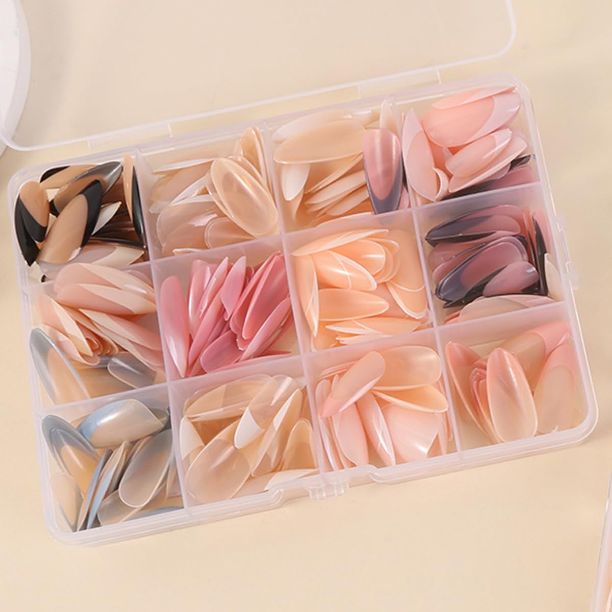 French Gel Nails - Colorful French Tip Press on Nails, Almond Press on Nails, Glossy Skin Tones Medium False Nails 288pcs -12 Sizes Artificial Fake Nails Stick on Nail for Women Manicure