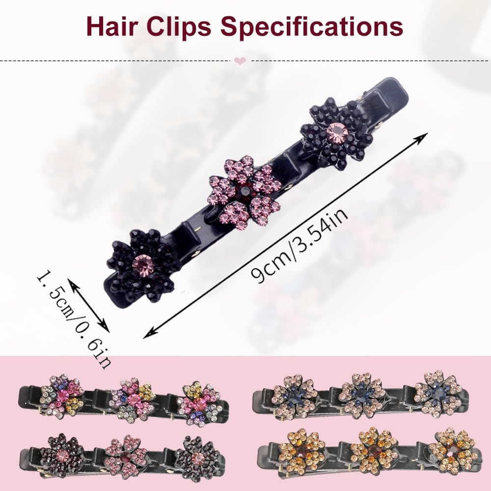 3 Pcs Sparkling Crystal Stone Braided Hair Clips, 2025 New Satin Fabric Hair Bands Rhinestone Four-Leaf Clover Hair Clip For Styling, Duck Bill Clips For Women Girls, Color F