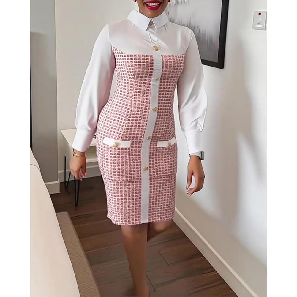 Women's Work Bodycon Dresses Button Decor Tweed Patch Pencil Midi Dress Elegant Office Outfits with Pockets