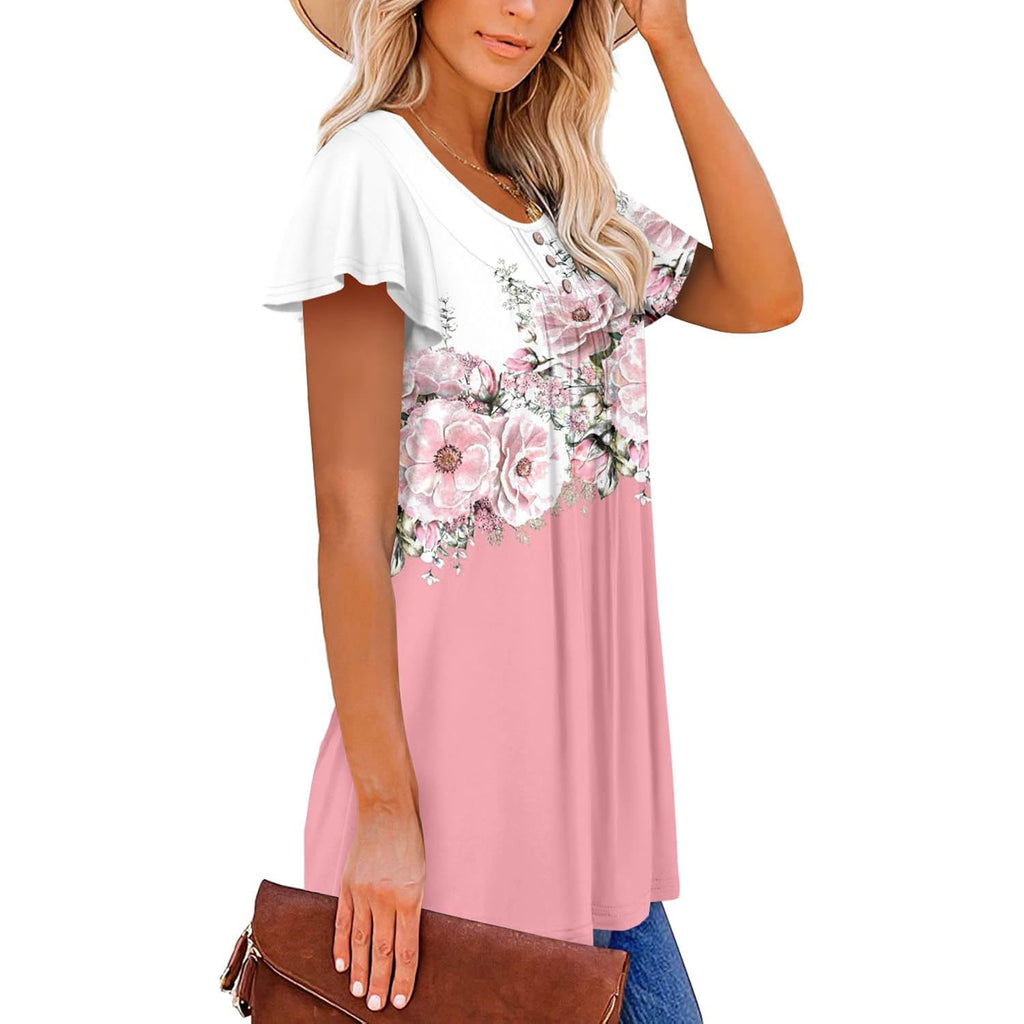 Women's Summer Tunic Tops Flowy Flare Botton Down Shirts Blouses S-3XL