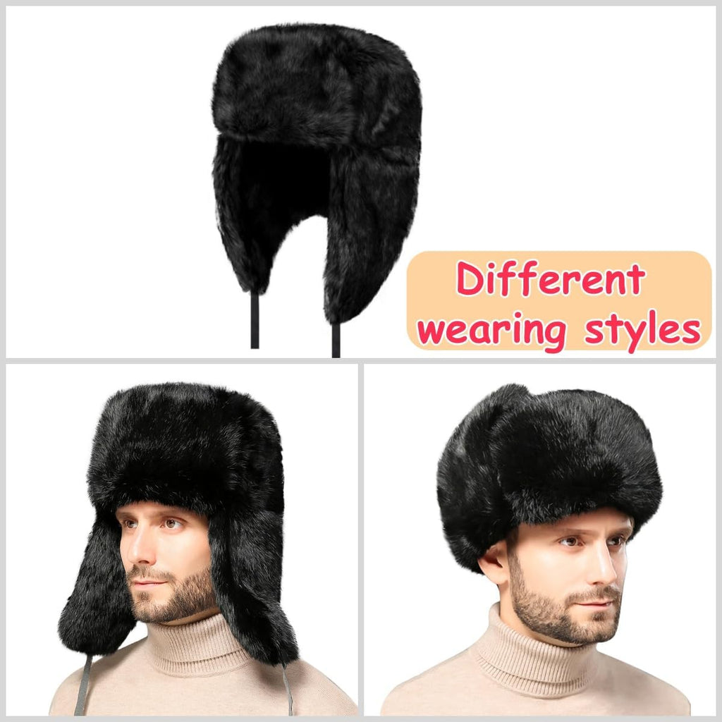 SIQITECHNO Men Winter Trapper Russian Trooper Hat Faux Fur Ushanka Eskimo Earflap Pilot Hat Furry Windproof Hunting Ski Cap
