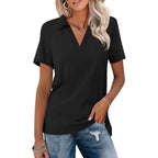 Women's Short Sleeve V Neck Polo Shirts Summer Collared Tops Casual Loose Tees Tops
