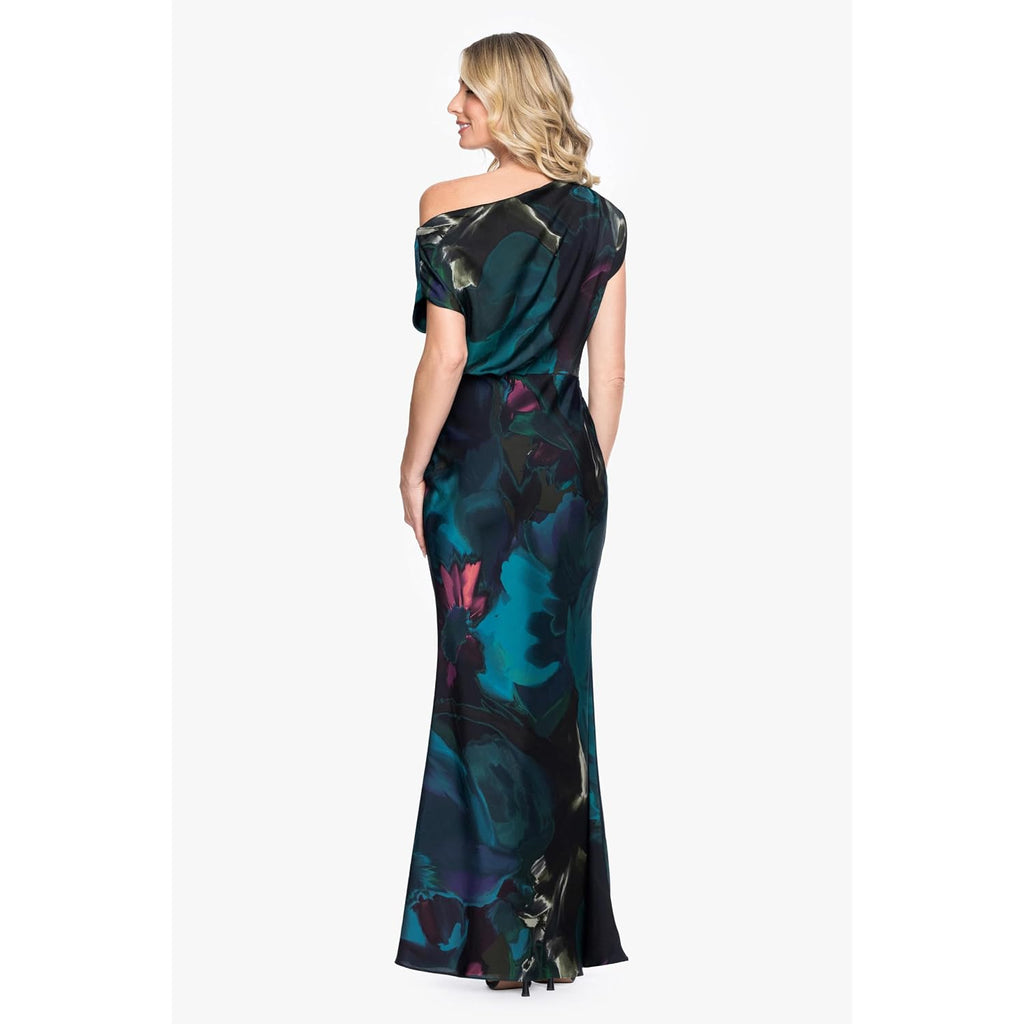 Betsy & Adam Women'S Long Satin Abstract Floral Print, Asymmetrical Neckline Evening Dress With Short Sleeve