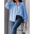 Womens Puff Long Sleeve Button Down Shirts Pleated V Neck Cotton Blouses Loose Fit Casual Ruffle Tops