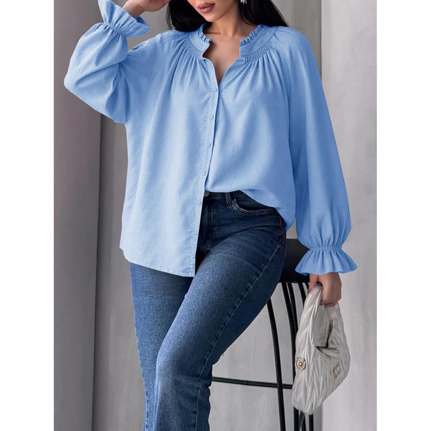 Womens Puff Long Sleeve Button Down Shirts Pleated V Neck Cotton Blouses Loose Fit Casual Ruffle Tops