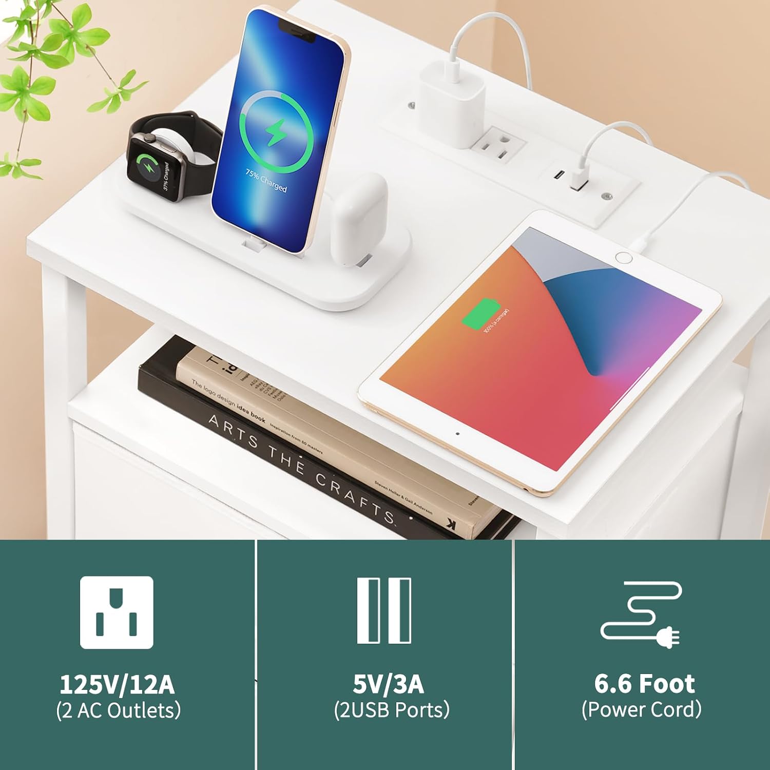Yoobure Night Stand With Charging Station, 16 Colors Led Nightstand With Usb Ports And Outlets, End Table With 3 Fabric Drawers And Storage Shelf, Bedside Tables Small Dresser For Small Space White