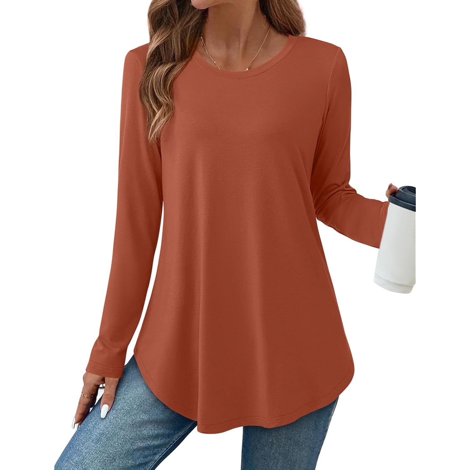 Womens Long Sleeve Tunic Tops Crew Neck Shirts for Leggings Fall Curved Hem Flowy Tops Casual 2026 Trendy
