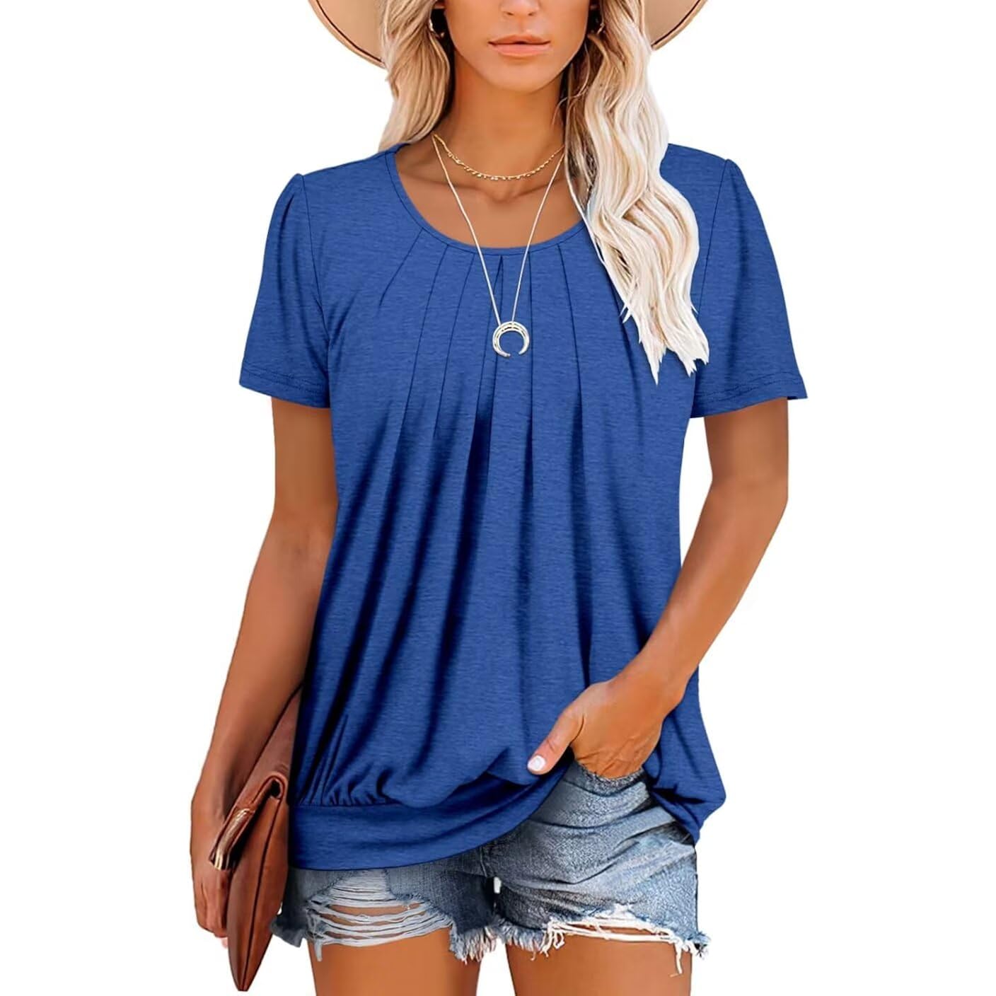 Womens Casual Short Sleeve Tunic Tops Scoop Neck T Shirts Summer Loose Fit Tunics