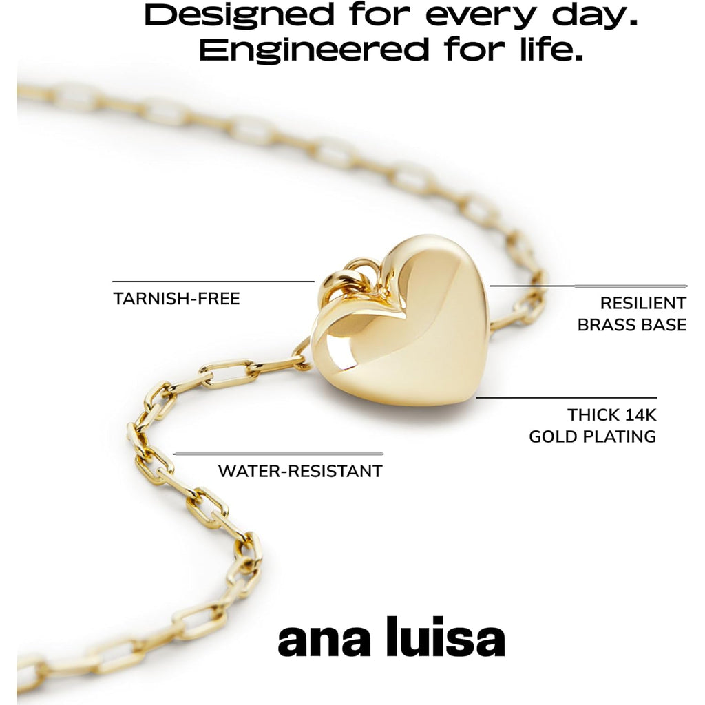 Ana Luisa Lev Puffy Heart Necklace for Women - Paperclip Chain w/ 14K Gold Plated & Silver Rhodium Plated Small Puffed Heart Pendant - Hypoallergenic, Water-Resistant, Tarnish-Free Jewelry
