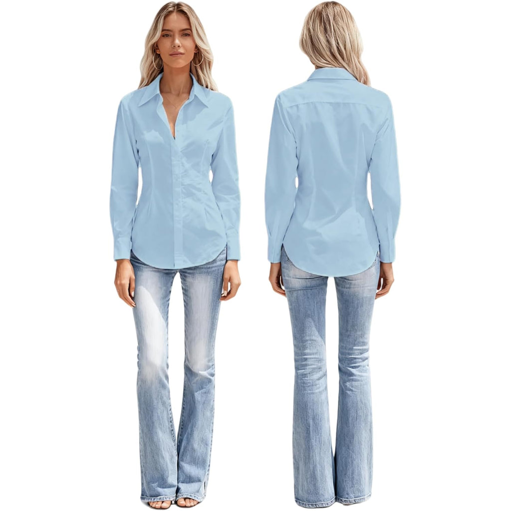 Women's Button Down Long Sleeve Fitted Stretch Dress Shirts Wrinkle Free Work Blouses Collared Business Casual Tops