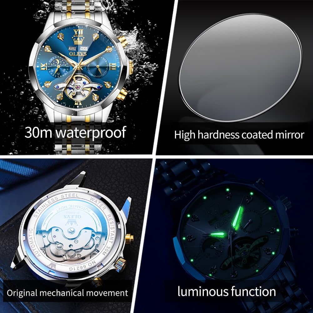 Olevs Skeleton Men Watches Automatic Business Luxury Diamond Self Winding Watch For Men Stainless Steel Calendar Wrist Watch