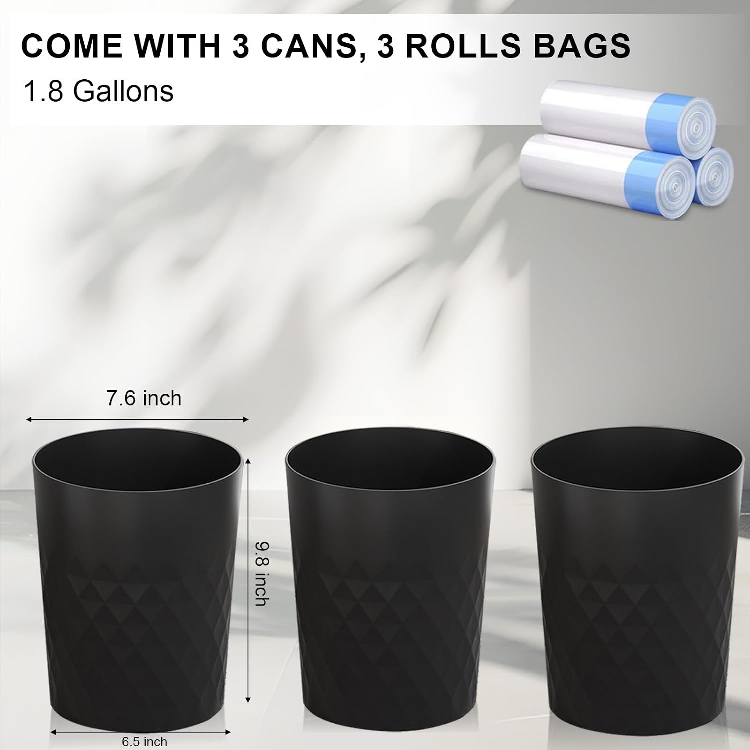 3 Pack Small Bathroom Trash Can With Trash Bags Plastic Garbage Can Black | Sturdy Stylish Decor Round Plastic Waste Basket Bin For Kitchen Bedroom Office Craft Room College Dorm Essentials
