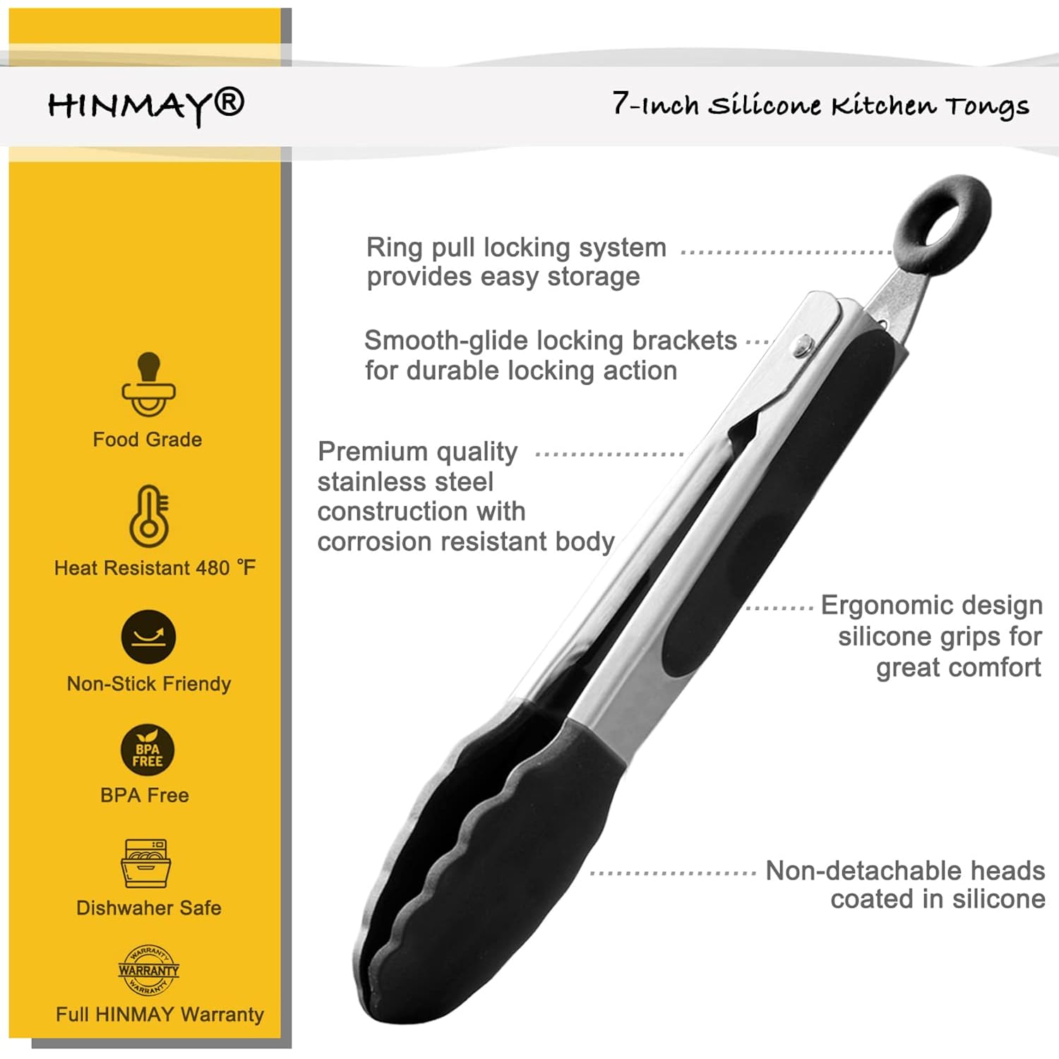 Hinmay Small Silicone Tongs 7-Inch Mini Serving Tongs, Set Of 3 (Black Gray White) | Black Gray White