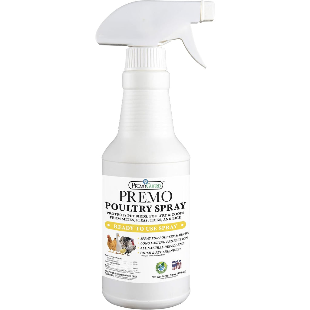 Premo Guard Poultry Spray - 32 Oz - Kill Scaly Leg, Mites, Fleas, Lice, & Other Pest On Chickens And In Coops - Natural Plant Based Oils For Control, & Prevention - Family Safe With No Egg Withdrawl