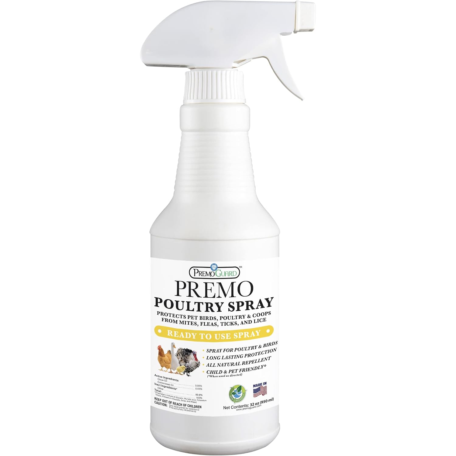 Premo Guard Poultry Spray - 32 Oz - Kill Scaly Leg, Mites, Fleas, Lice, & Other Pest On Chickens And In Coops - Natural Plant Based Oils For Control, & Prevention - Family Safe With No Egg Withdrawl