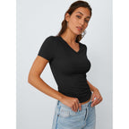Trendy Queen Womens Basic V Neck Short Sleeve Spring T Shirts Slim Fit Crop Y2K Tee 2026 Summer Gym Workout Cute Top