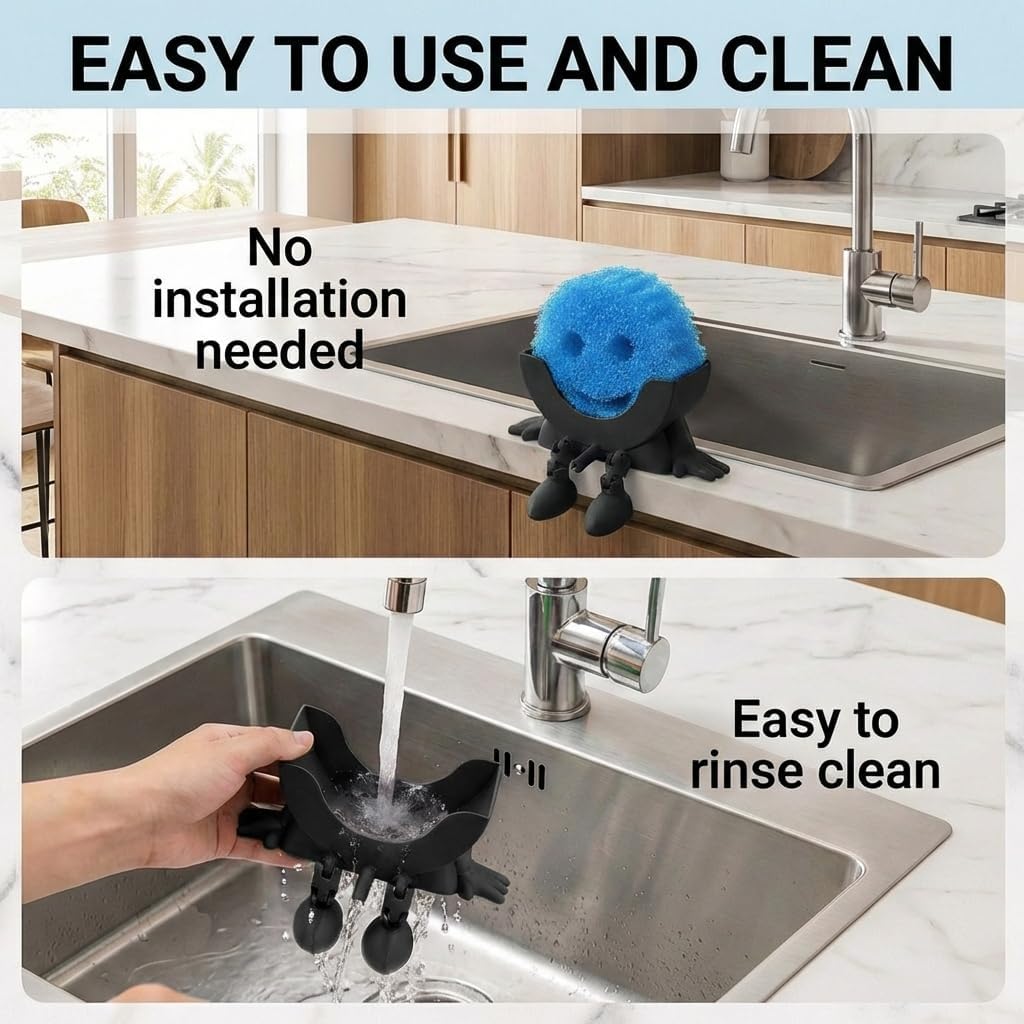 Creative Drainage Sponge Holder: Traceless Glue, 3D Printed Funny Kitchen Sink Holder, Keeps Sponge Dry – For Scrub Daddy (1, Black)