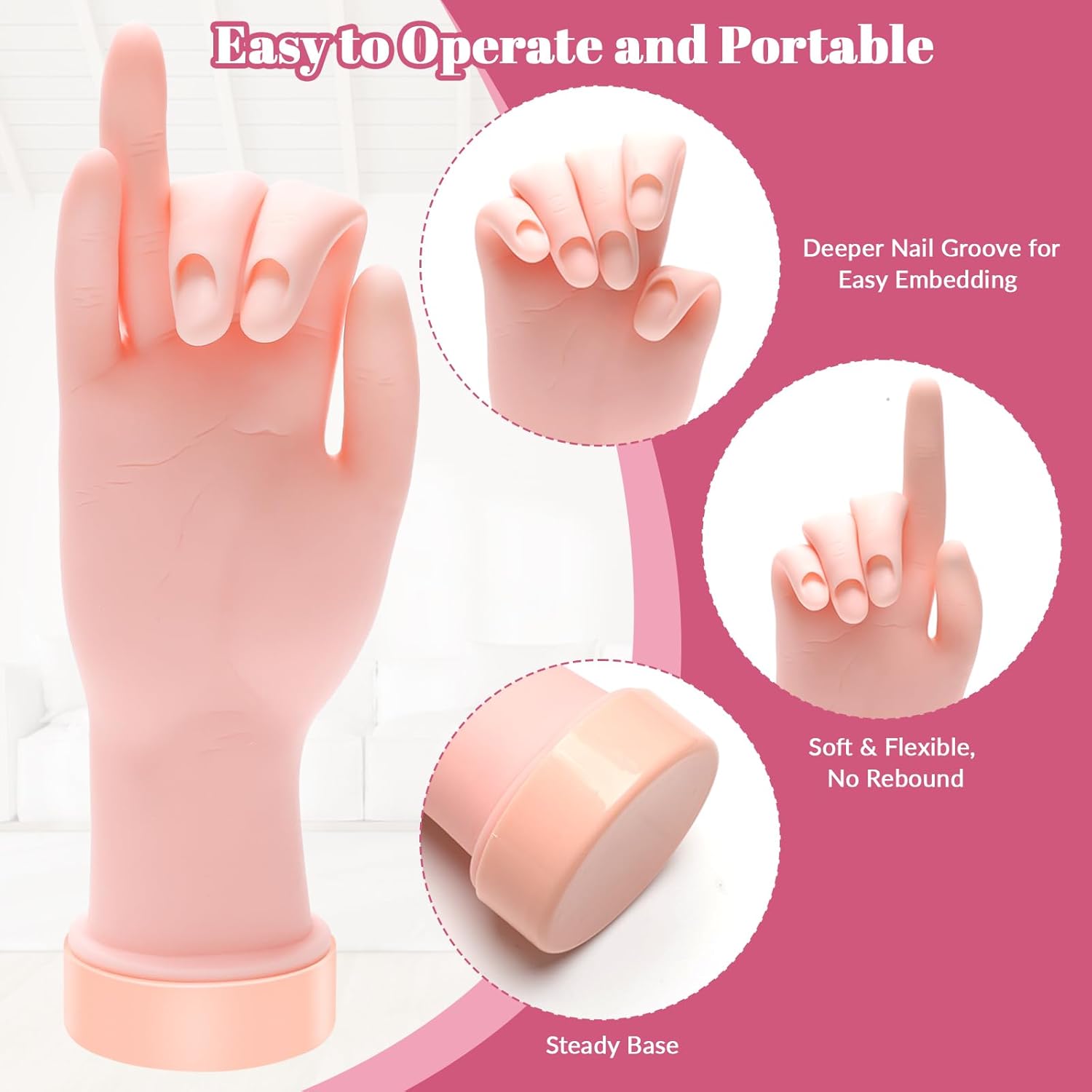 Practice Hand for Acrylic Nails Flexible Bending Nail Practice Hand Training Fake Hand Nail Hand Practice Tools with 100PCS Nail Tips, 120PCS Jelly Double Sided Nail Adhesives and 9PCS Brush