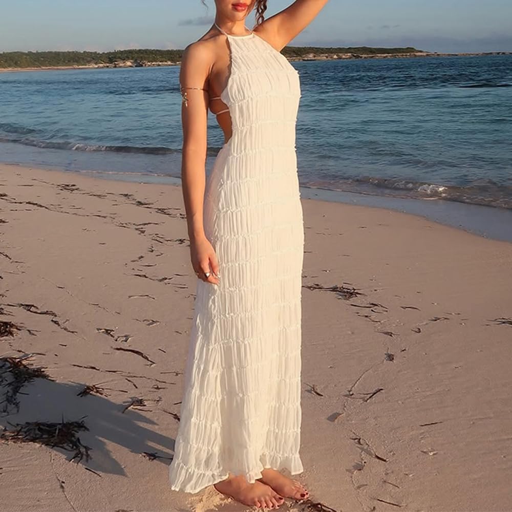 Abyovrt Women Backless Dress Sleeveless Textured Halter Open Back Maxi Dresses Vacation Wedding Guest