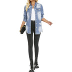 Scofeel Women Denim Shirt Jacket Long Sleeve Button Shacket Coat Distressed Washed Ripped Frayed Hem Jean Jacket