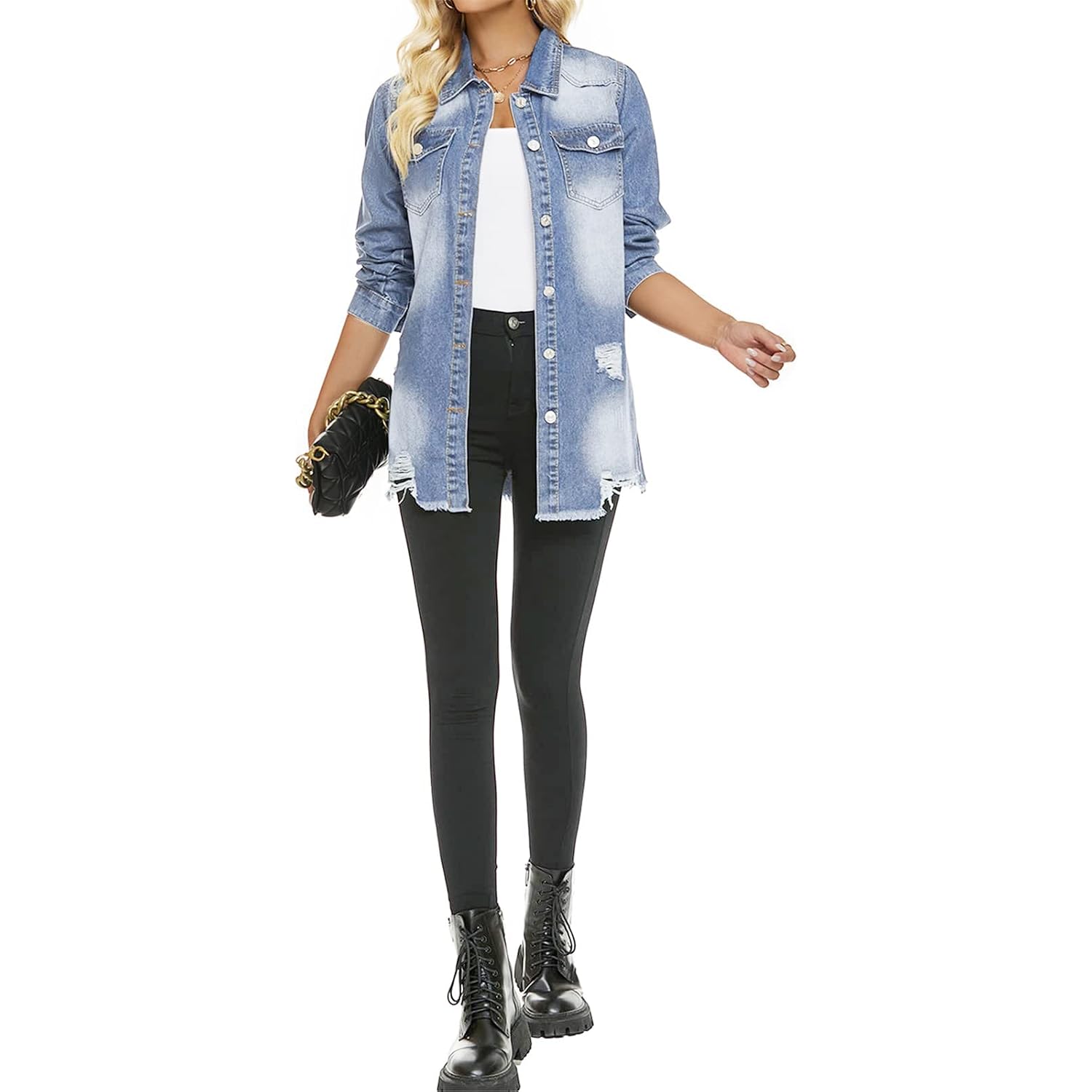 Scofeel Women Denim Shirt Jacket Long Sleeve Button Shacket Coat Distressed Washed Ripped Frayed Hem Jean Jacket