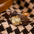 Womens Fashion Small Gold Oval Quartz Watches Vintage Leather Band Waterproof Luxury Casual Ladies Bracelet Wrist Watch Brown Black