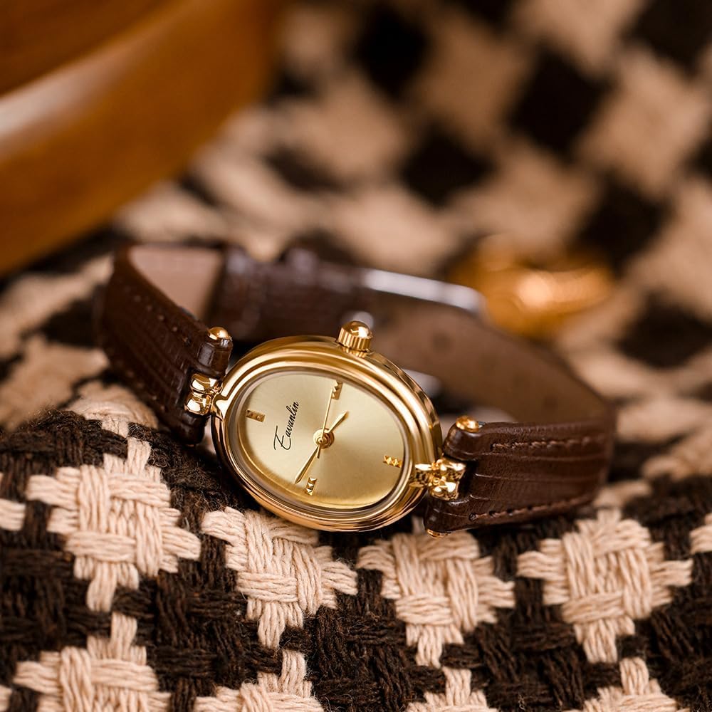 Womens Fashion Small Gold Oval Quartz Watches Vintage Leather Band Waterproof Luxury Casual Ladies Bracelet Wrist Watch Brown Black