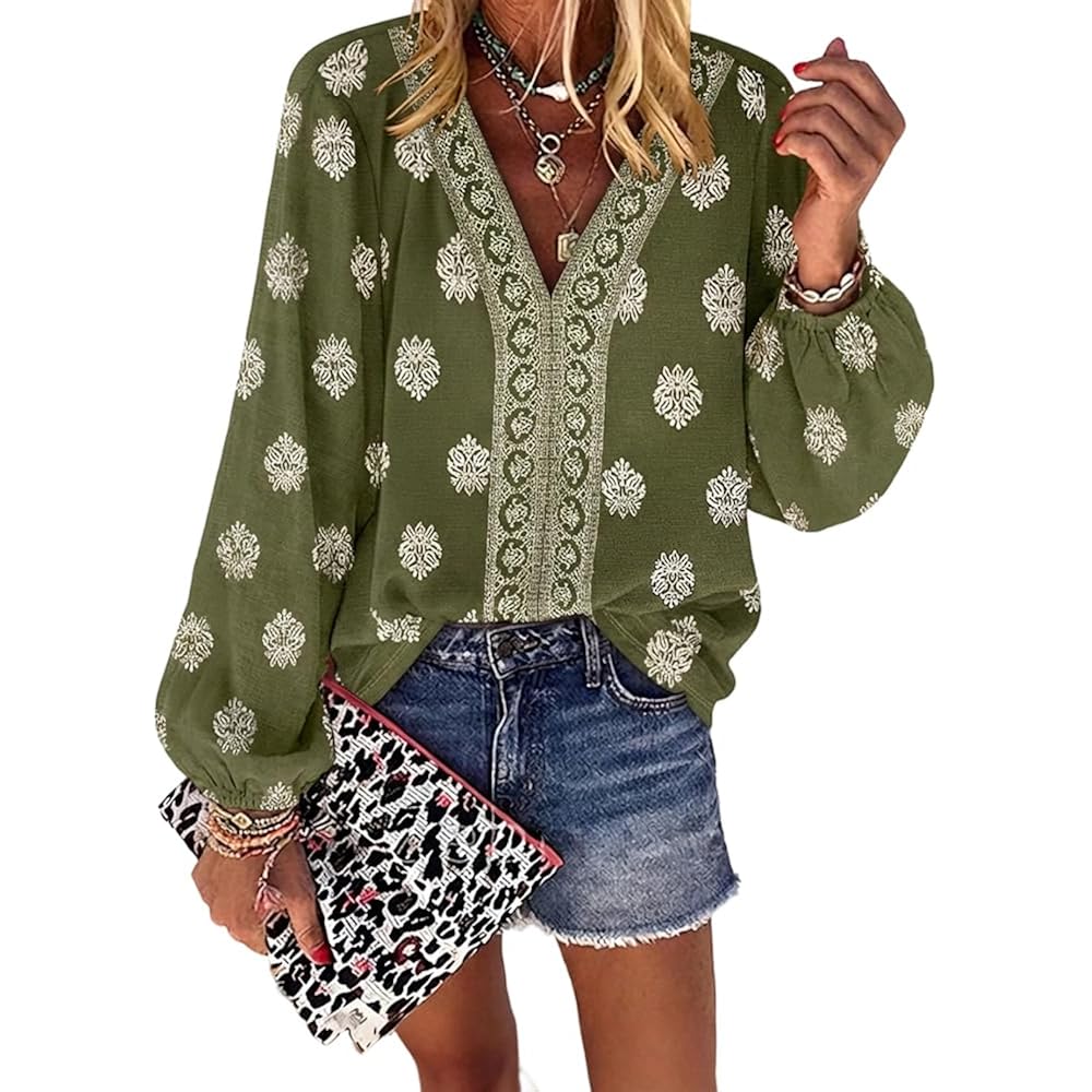 CHICME Women's Casual V Neck Blouse Floral Boho Summer Tops Lantern Sleeve Loose Fit Tunics Flowy Vacation Clothes