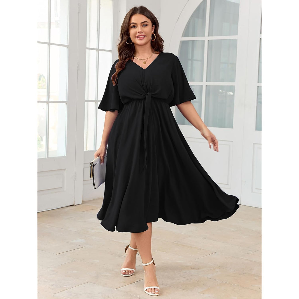 Scomchic Women Plus Size Midi Dresses Wedding Guest Short Sleeve V Neck Tie Waist Casual Summer Flowy A Line Dress