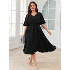 Scomchic Women Plus Size Midi Dresses Wedding Guest Short Sleeve V Neck Tie Waist Casual Summer Flowy A Line Dress