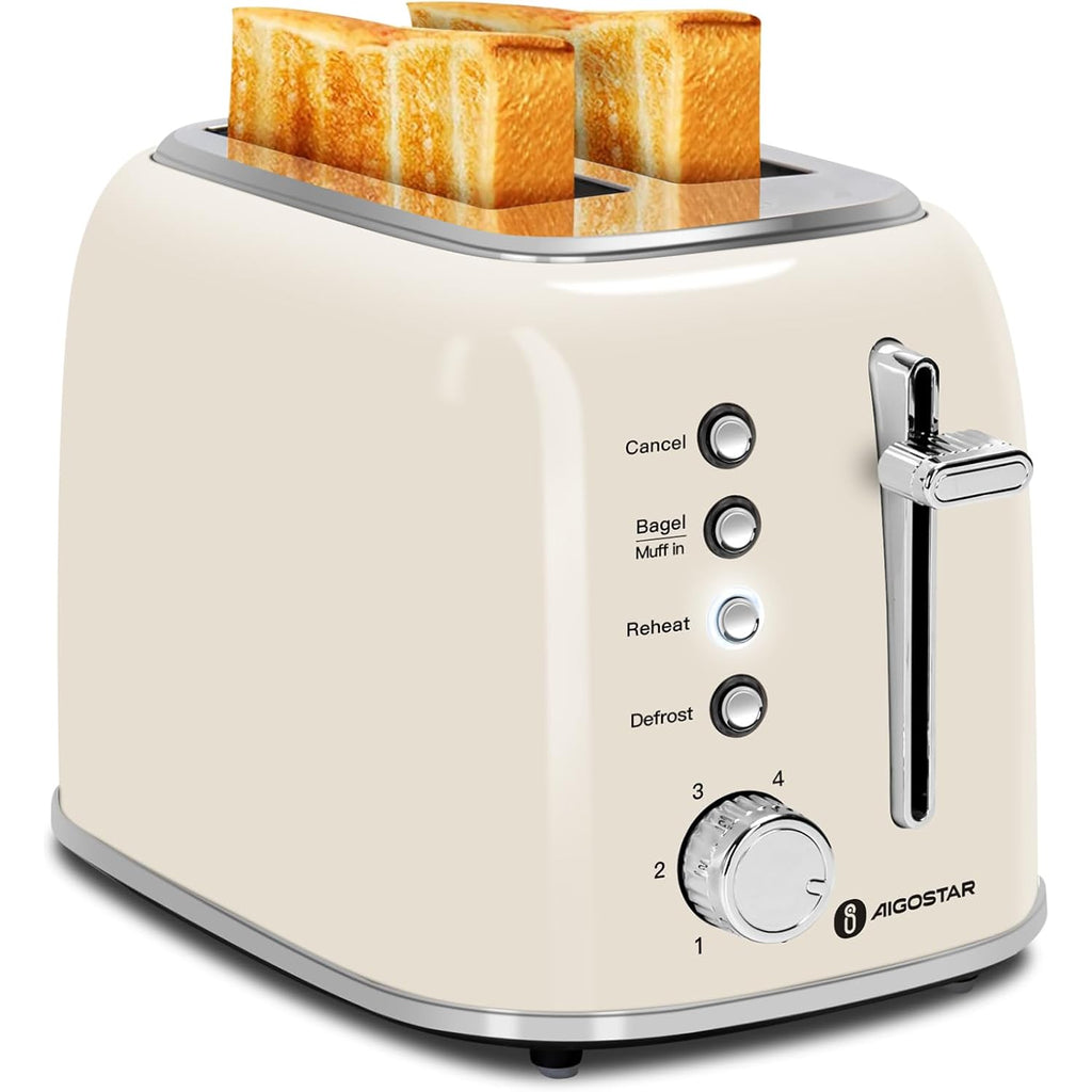 Aigostar Toaster 2 Slice, Retro Extra-Wide Slot Toasters Best Rated Prime For Toasting Bagels, Breads, Waffles & More, Cancel, Defrost & 6 Browning, Removable Crumb Tray, Stainless Steel, Cream White