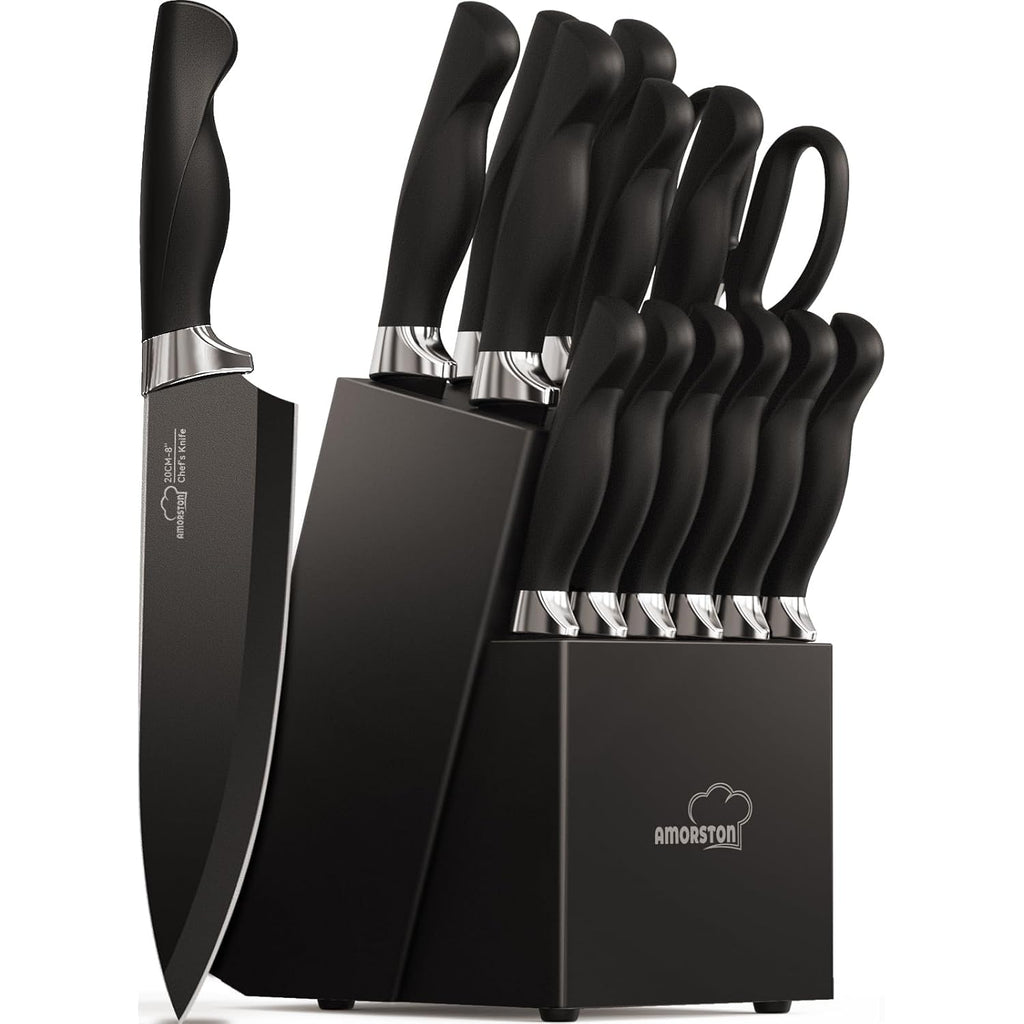 Amorston Knife Set, 15 Pieces Knives Set for Kitchen Knife Set with Block and Sharpener, Dishwasher Safe Knife Block Set German Stainless Steel Kitchen Knife Sets for Apartment New Home Housewarming