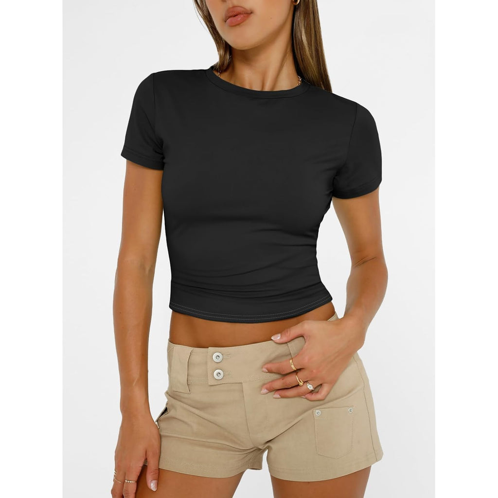 Womens Short Sleeve T Shirts - Buttery Soft Summer Crop Tops Slim Fit Y2k Basic Tees for Workout