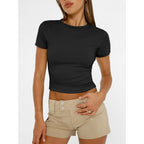 Womens Short Sleeve T Shirts - Buttery Soft Summer Crop Tops Slim Fit Y2k Basic Tees for Workout
