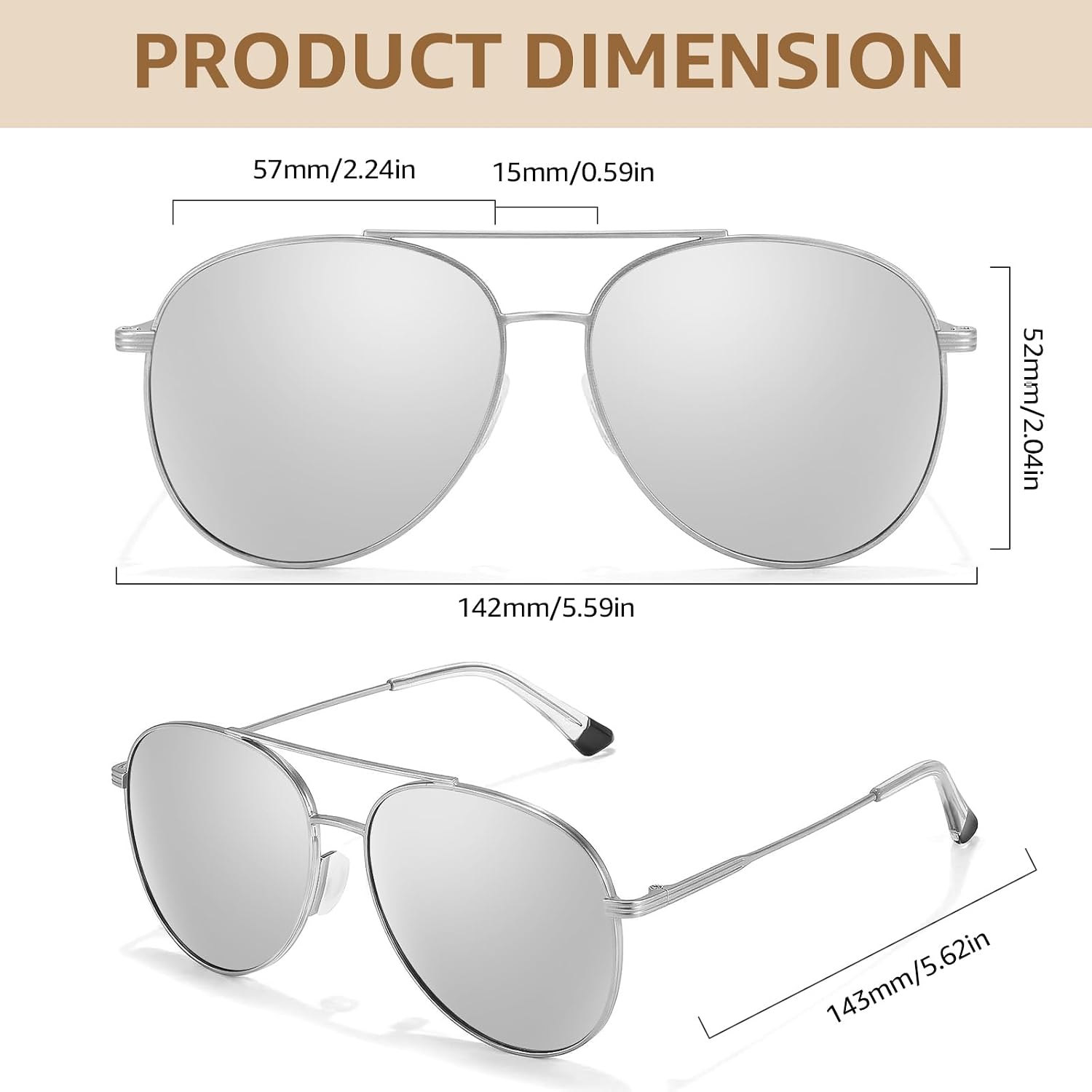 TJUTR Tangle Free Aviator Sunglasses for Women Men, Polarized UV400 Protection Trendy Shades, No-Snag Metal Frame Glasses A23 Satin Silver/Chrome Silver