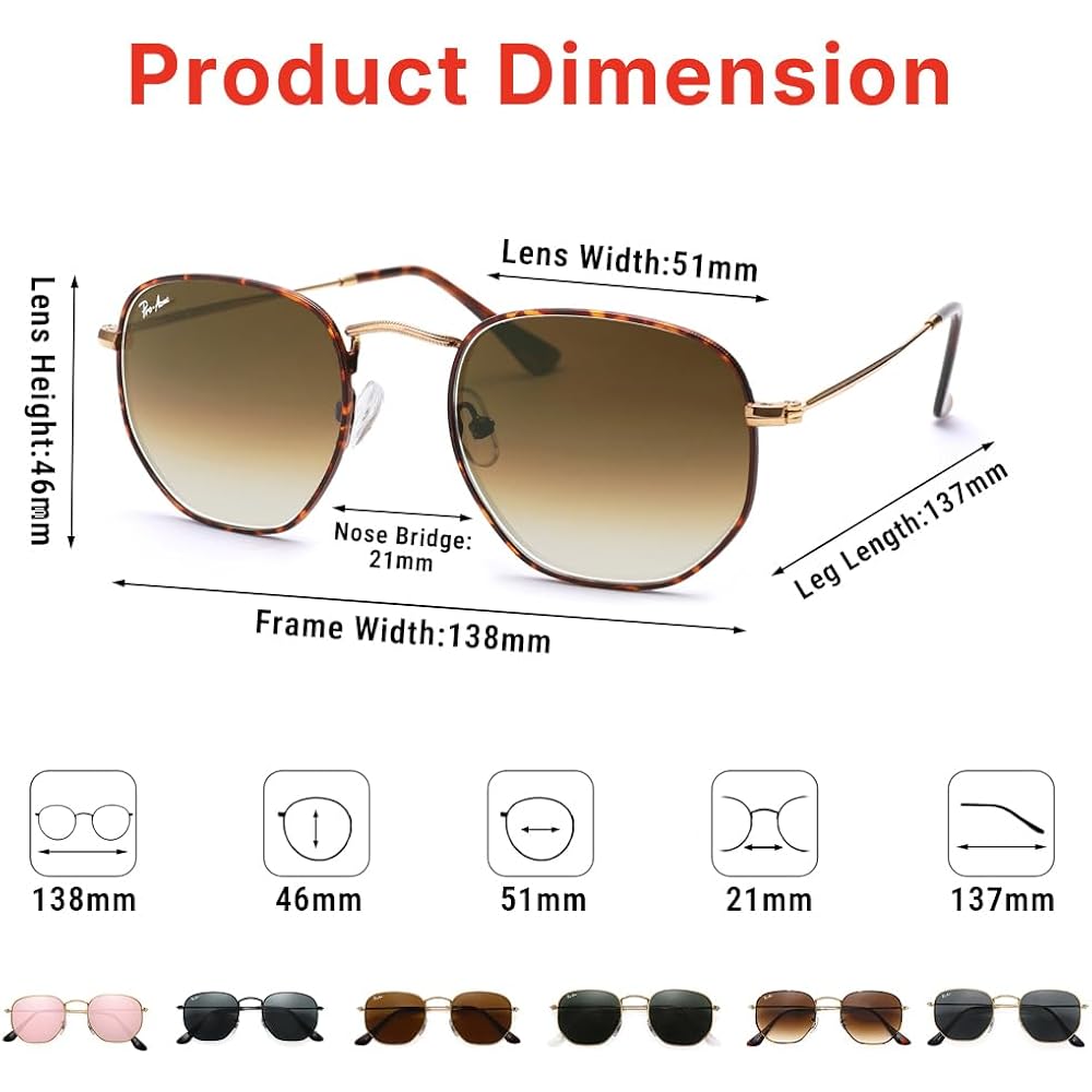 Pro Acme Small Square Sunglasses for Women Men 100% Real Glass Lens Hexagonal Frame