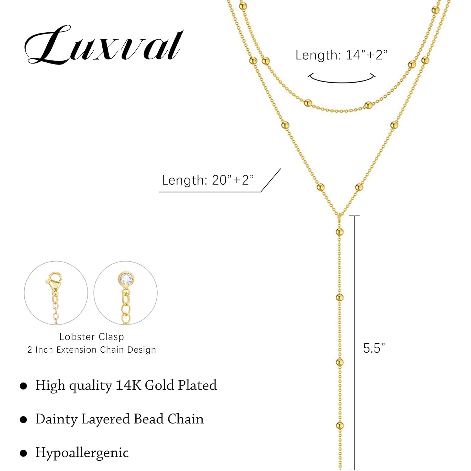 Luxval Lariat Gold Necklace for Women, Dainty Long Necklace 14k Gold Plated/Silver Y-Shaped Pendant Necklaces Trendy Beaded Chain Drop Necklaces Jewelry for Women Gifts