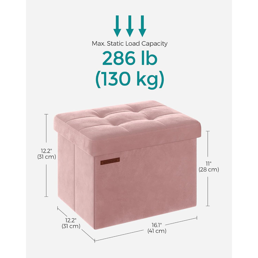 Songmics Small Folding Storage Ottoman, Jelly Pink | Foot Rest Stool, 12.2 X 16.1 Inches, 286 Lb Capacity, Bedroom, Dorm, Ulsf200R01