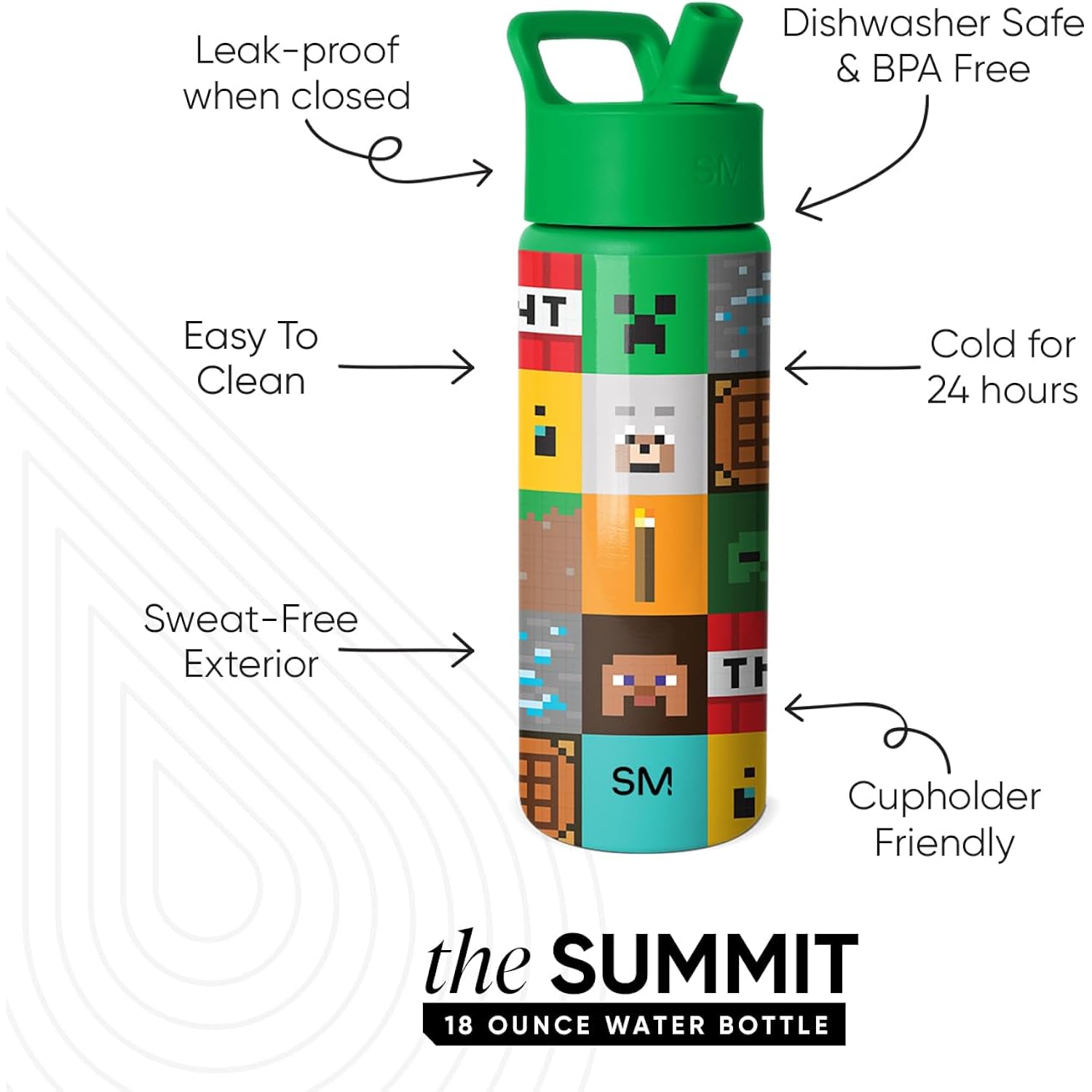 Simple Modern Minecraft Kids Water Bottle With Straw Lid | 18Oz Insulated Stainless Steel Kids Tumbler & Spill Proof Toddler Cup For School, Girls, Boys | Summit | Minecraft Mashup