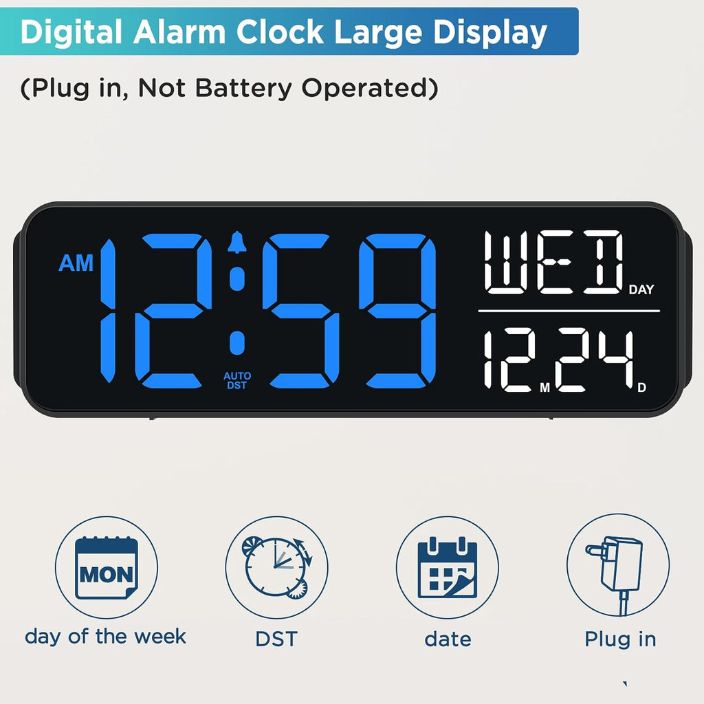 Peakeep Large Display Digital Alarm Clock For Bedroom With Date Day Of Week | Calendar Desk Table Clocks For Living Room Office, Dimmable Plug In Electric Clock Battery Backup, 5 Volumes, Loud, Auto Dst