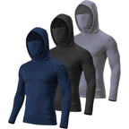 3 Pack Men'S Hooded Long Sleeve Shirt With Face Mask, Upf Sun Protection Stretch Workout Shirt For Running Cycling Fishing
