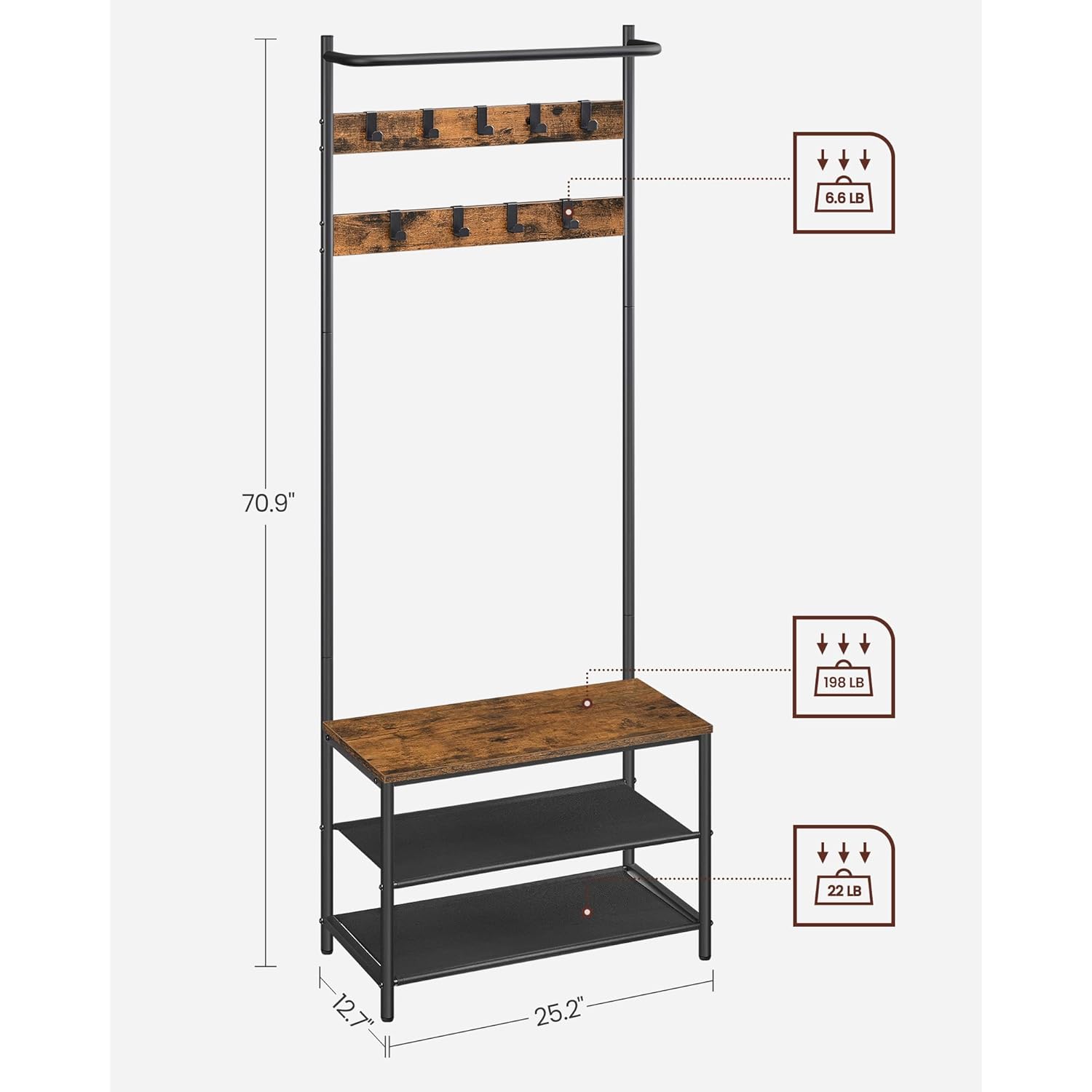 VASAGLE Hall Tree with Bench and Shoe Storage, Entryway Bench with Coat Rack Stand and Shoe Rack, 9 Movable Hooks, Top Bar, Fabric Shelves, Industrial, Rustic Brown and Black UHSR411B01