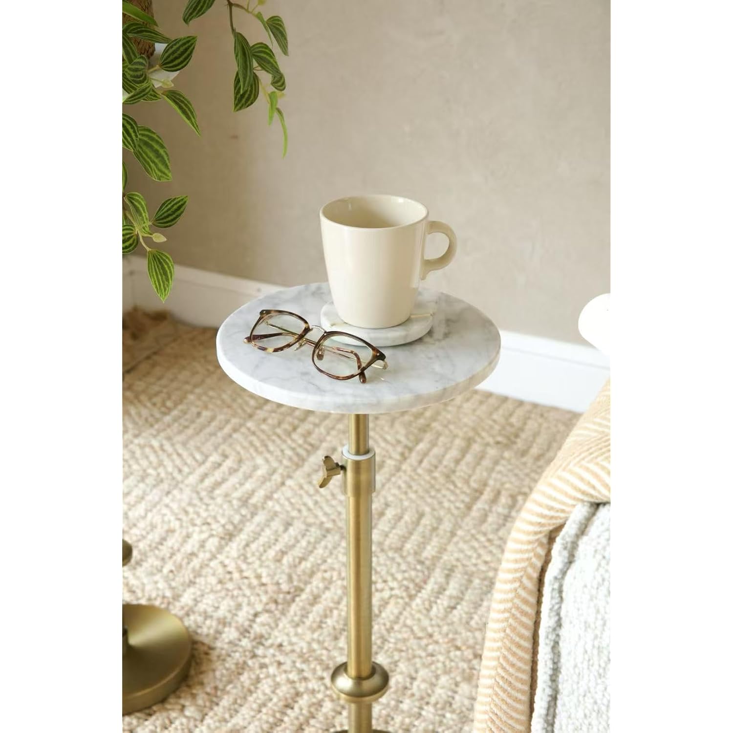 Adjustable-Height Marble Drink Table - 10X10X22-30, White Marble & Antique Brass, Modern Round End Table, Side Table With Pedestal Stand For Small Spaces, Vintage Metal Martini Cocktail Accent