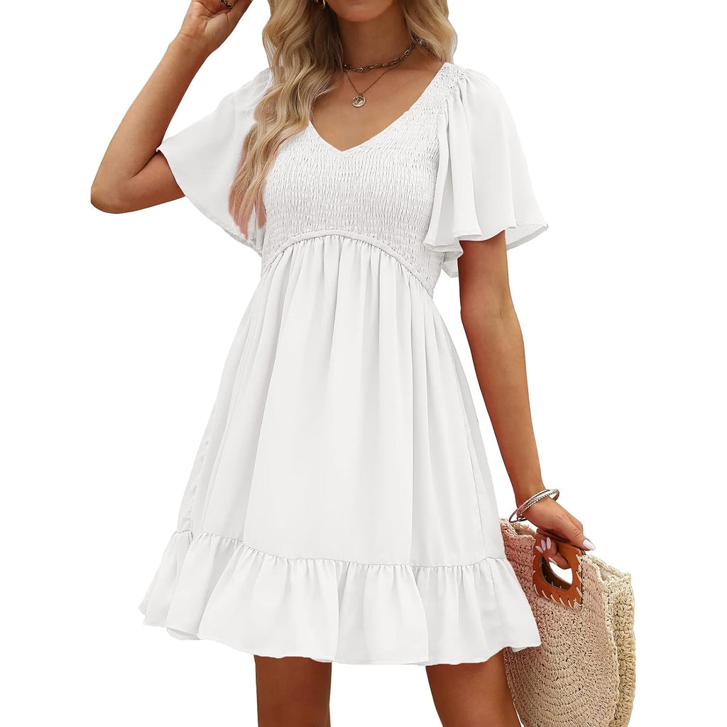 Lillusory Women'S Flowy Casual Mini Dresses 2026 Summer Graduation Smocked V Neck Vacation Dress Dress With Pockets