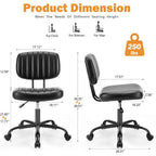 Sweetcrispy Small Office Desk Chair, Armless Pu Leather With Comfy Lumbar Support, Height Adjustable Rolling Swivel Task For No Arms, For Adult, Student, Bedroom, Home, Vanity, Black