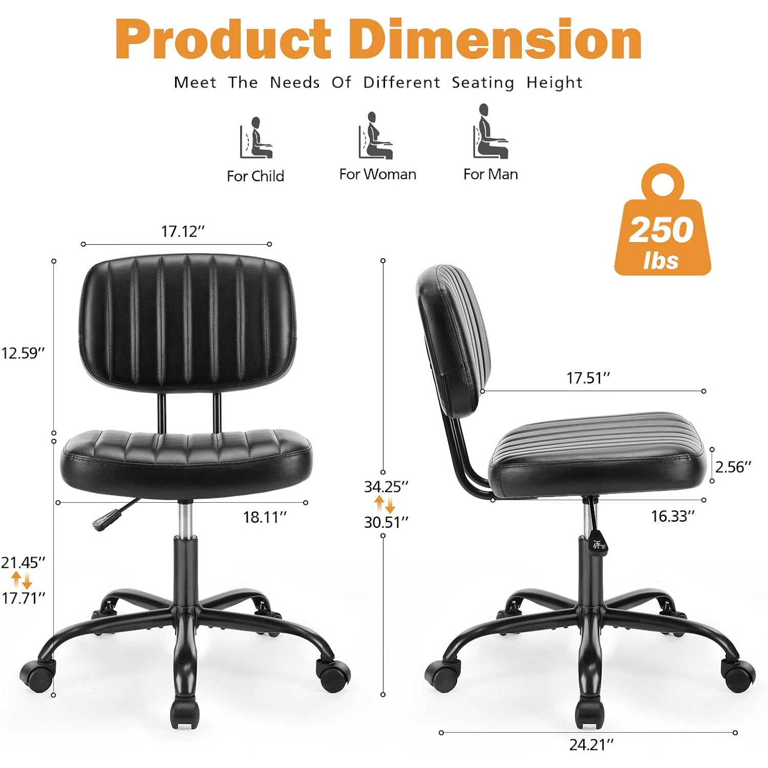 Sweetcrispy Small Office Desk Chair, Armless Pu Leather With Comfy Lumbar Support, Height Adjustable Rolling Swivel Task For No Arms, For Adult, Student, Bedroom, Home, Vanity, Black