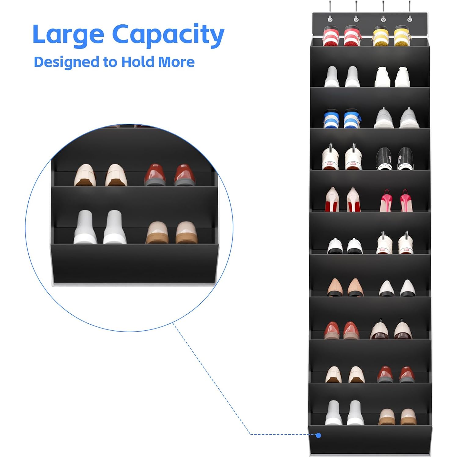 10 Tiers Large Size Over The Door Shoe Organizer Storage, Hanging Shoe Rack For Door With Deep Pockets, Fit 20 Pairs Shoe Organizer Holder For Sneakers And Boots (Black)