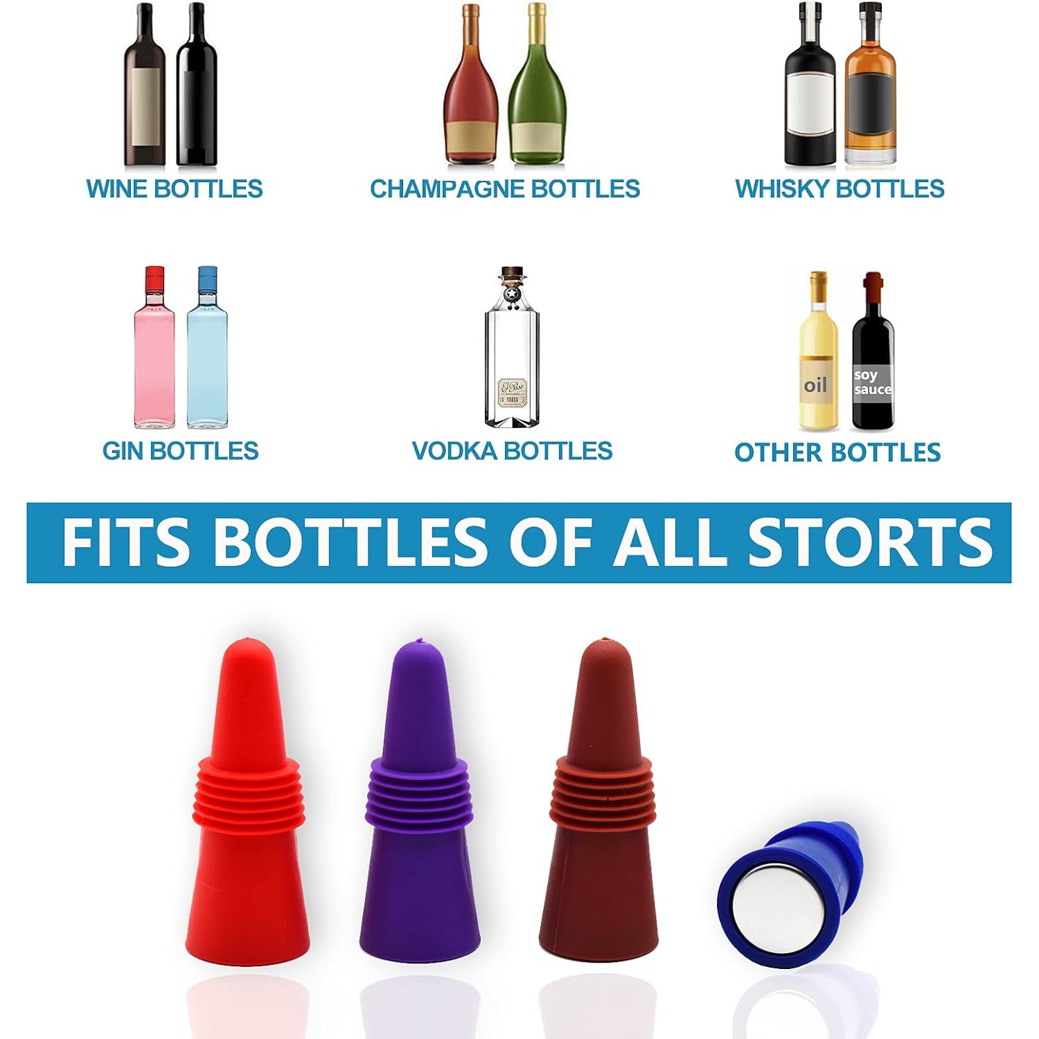Wine Stoppers Beverage Bottle Sealer Soft Silicone Wine Bottle Stoppers Corks With Grip Top For Keeping Wine Champagne Fresh, 8 Pack