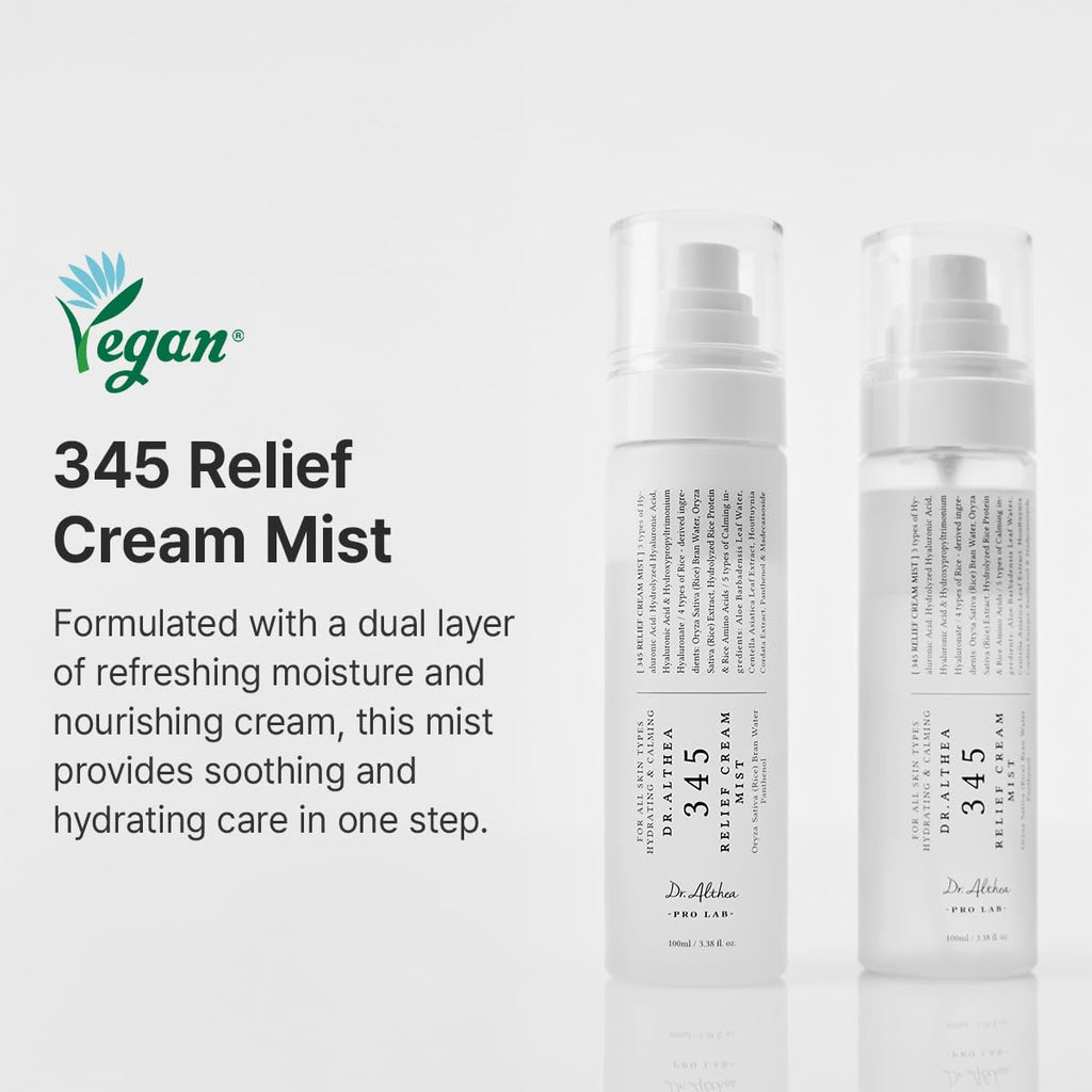 Dr.Althea 345 Relief Cream Mist | Hyaluronic Acid & Panthenol For Hydration And Calming Skin Irritation | Milky Facial Mist Spray Before Makeup And Travel Essential | Vegan Korean Skincare, 3.38 Fl Oz