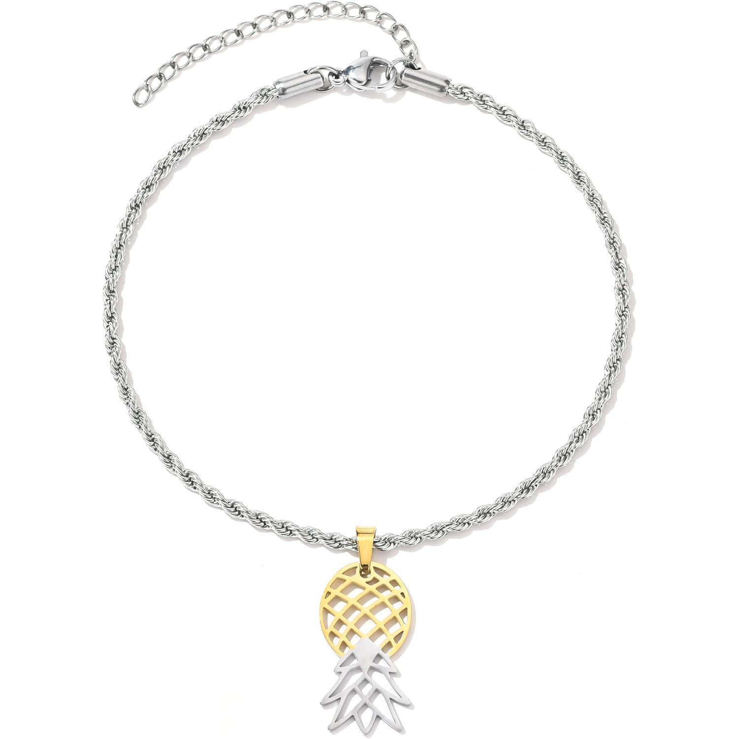 Upside Down Pineapple Anklet - Gold, Silver, or Combo Colored Stainless Steel Upside Down Pineapple Pendant Ankle Bracelet with Rope Chain